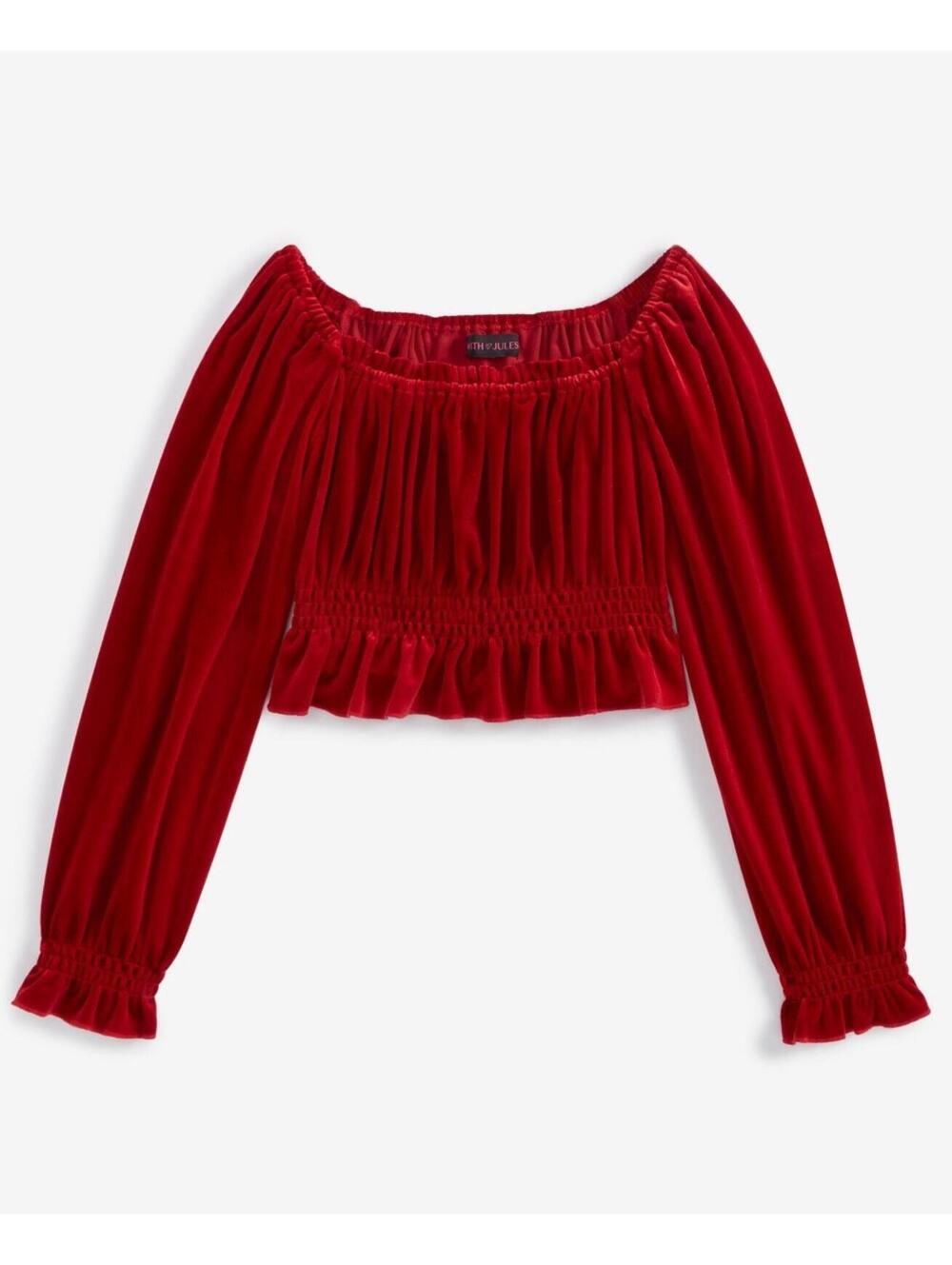 $58 With Jules Big Girls Long-Sleeve Velvet Smocked Top - Red S